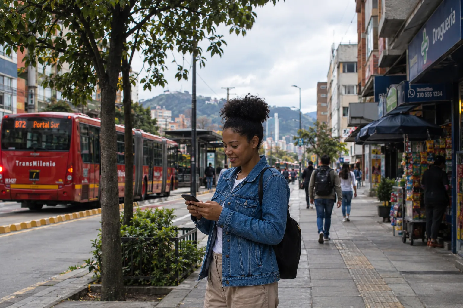 Mujer usando la app de Nomyli en la calle