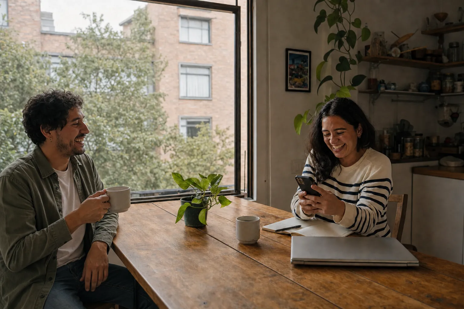 Pareja sonriente revisando su celular y laptop en la cocina
