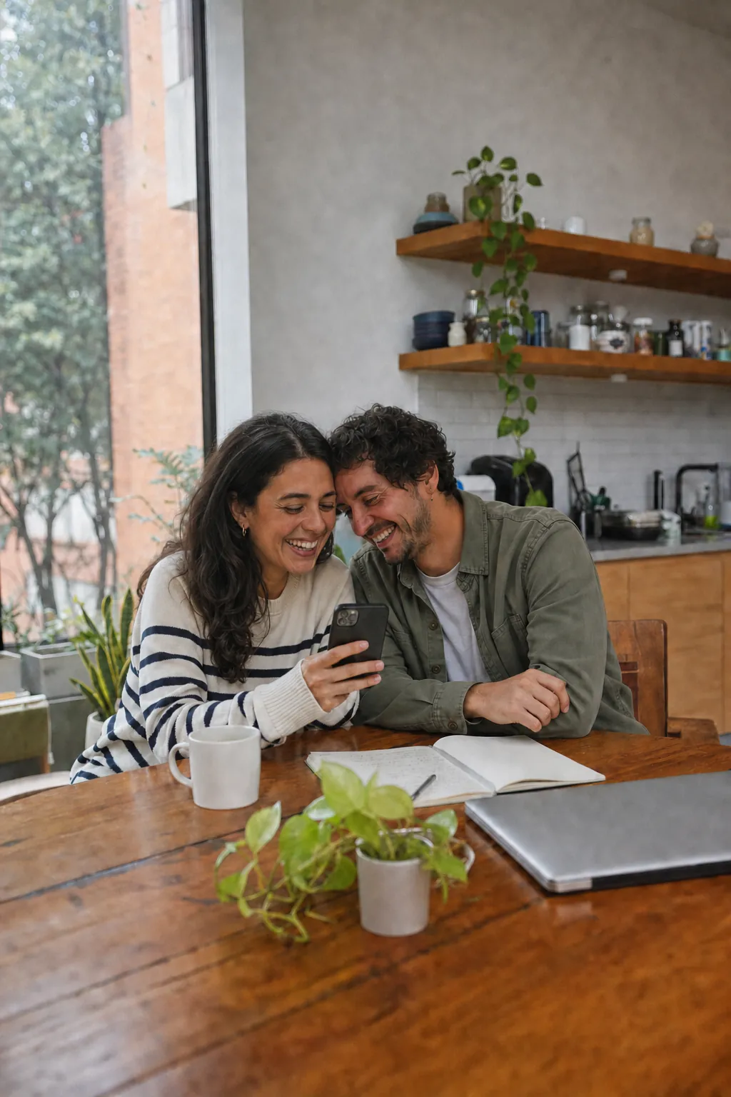 Pareja sonriente revisando su celular y laptop en la cocina